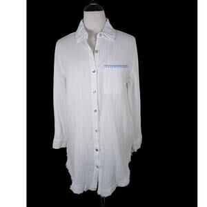New Blue Island XS White Gauze Beach Cover Up Button Down Shirt Sun Surfing Club